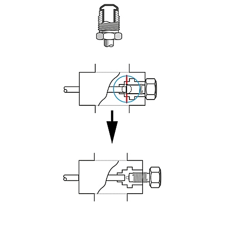 Grafische Darstellung, wie eine Verbindung hergestellt wird: Oben ein Stecker. Darunter eine Schnittzeichnung eines Gehäuses mit Verbindung. Unten die fertige Verbindung.